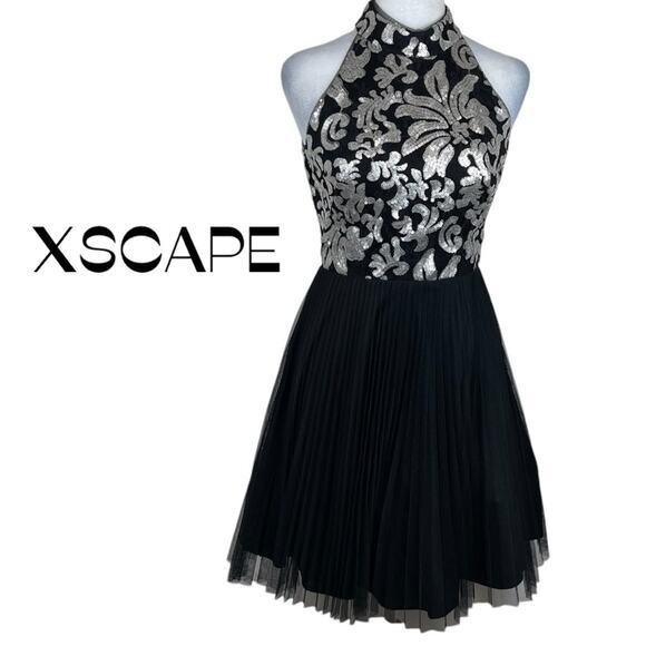 Xscape Black W Metallic Silver Sequins Pleated Event Occasion Dress NWOT Size 2 - Picture 2 of 13